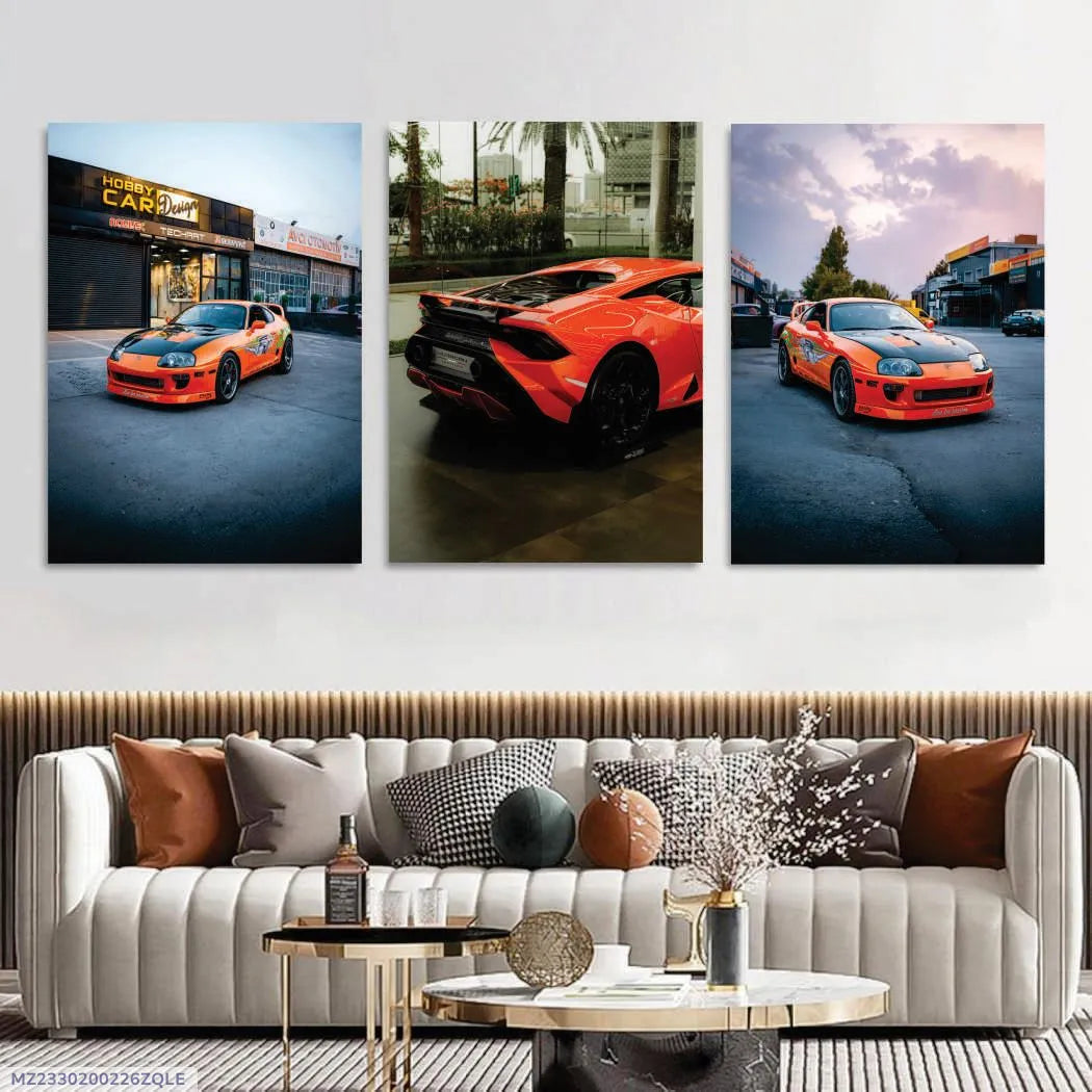 Orange Supercar Collection – Premium 3 Panel Wooden Wall Art Set