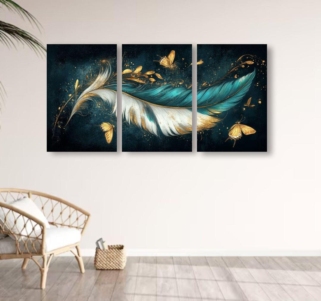 Abstract Art Wall Frame Set of 3 – Wooden Teal & Gold